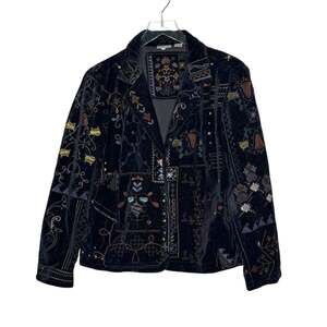 Chicos Black Velvet Embroidered Blazer Jacket L Boho Western Art to Wear Y2K